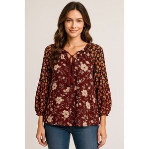 Caffe Marrakesh Blouse Womens S Burgundy Ditsy Floral Tassel‎ Boho Peasant Top